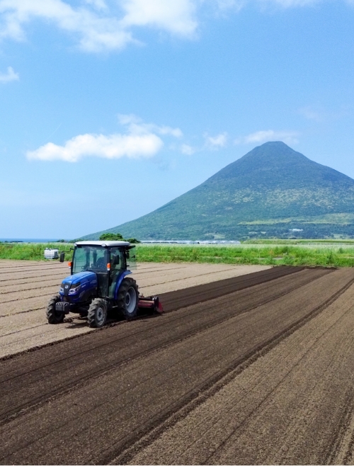 開聞岳を背に畑を耕すトラクター
